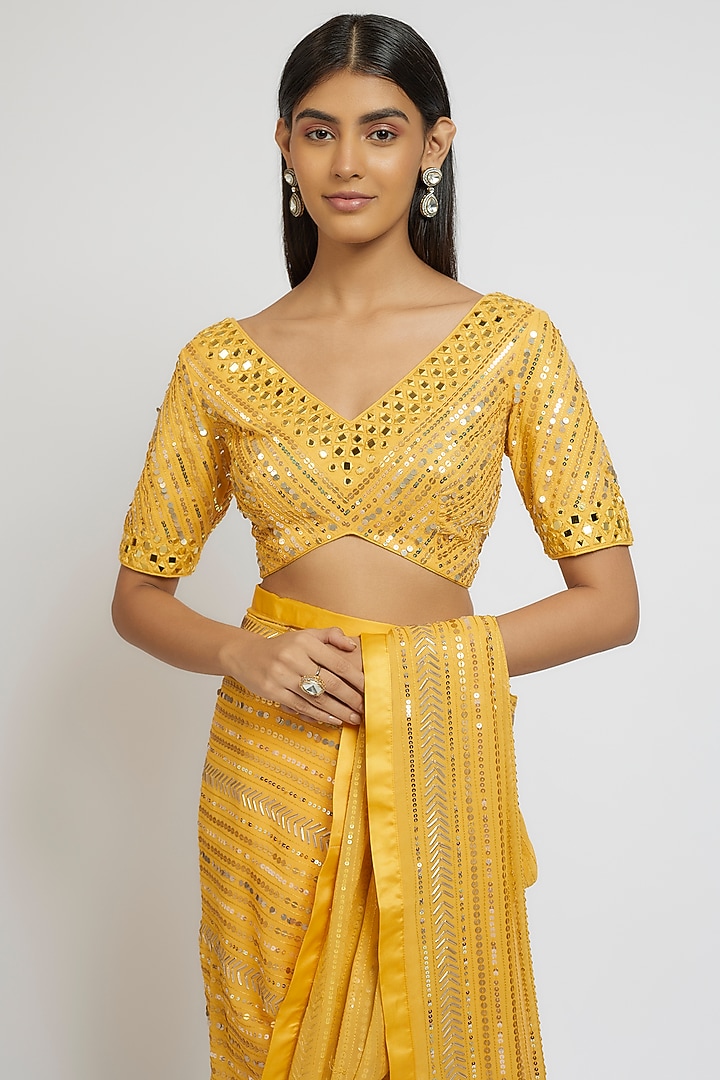 Yellow Georgette Sequins Hand Embroidered Wedding Saree Set by Yoshita Couture at Pernia's Pop Up Shop