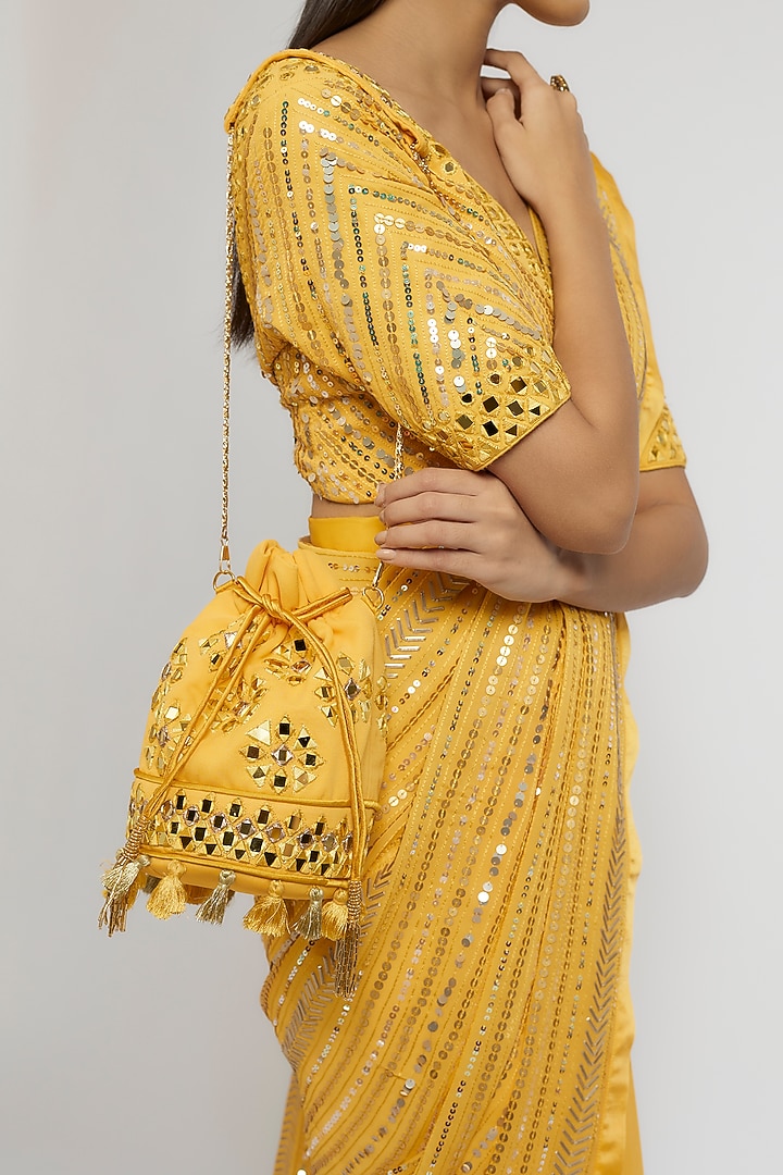 Yellow Georgette Sequins Hand Embroidered Wedding Saree Set by Yoshita Couture at Pernia's Pop Up Shop
