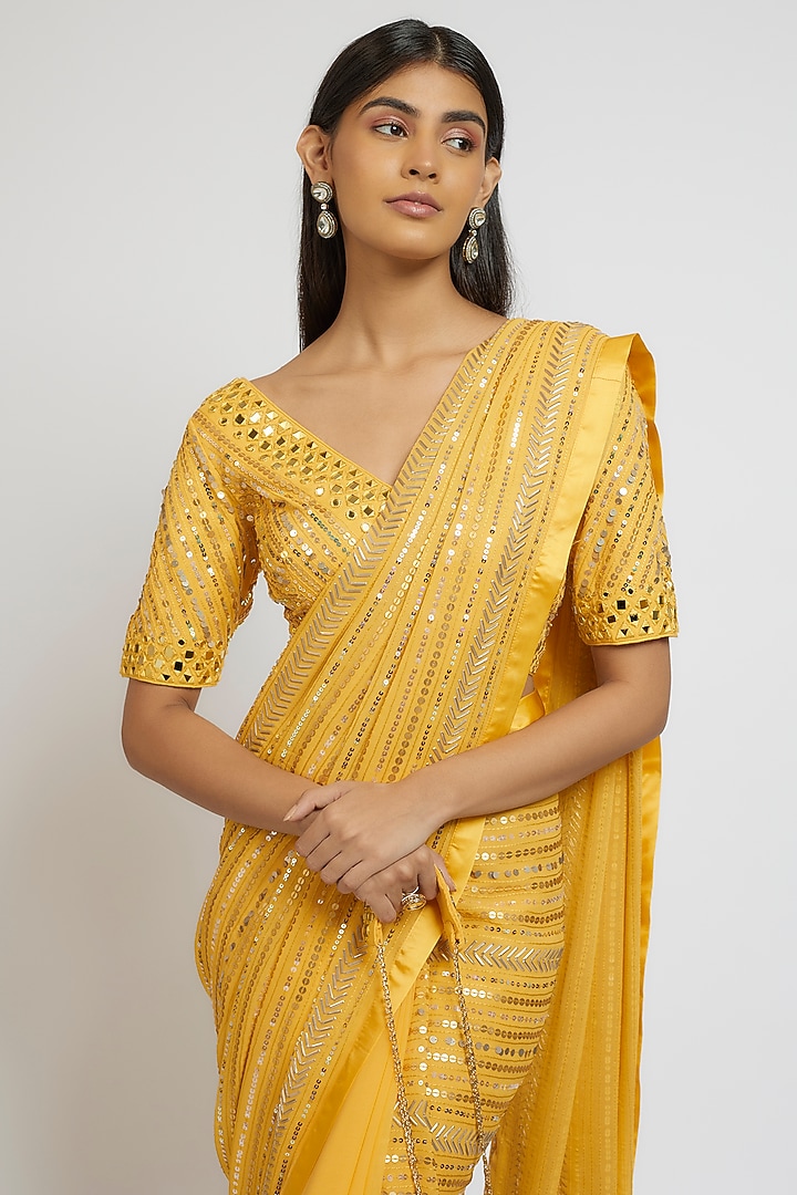 Yellow Georgette Sequins Hand Embroidered Wedding Saree Set by Yoshita Couture at Pernia's Pop Up Shop