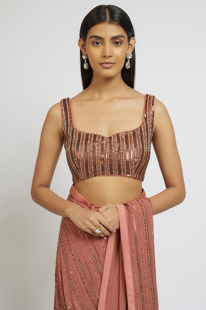 Bronze Pink Georgette Sequins Hand Embroidered Wedding Saree Set by Yoshita Couture at Pernia's Pop Up Shop