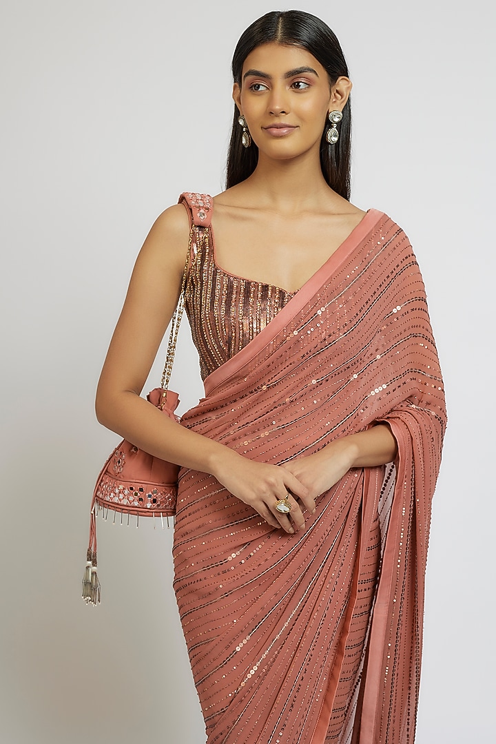 Bronze Pink Georgette Sequins Hand Embroidered Wedding Saree Set by Yoshita Couture at Pernia's Pop Up Shop