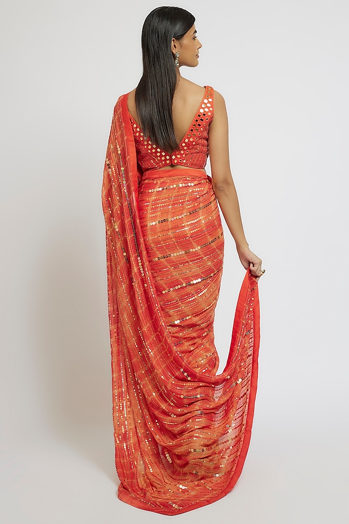 Orange Georgette Sequins Hand Embroidered Tie-Dye Wedding Saree Set by Yoshita Couture at Pernia's Pop Up Shop
