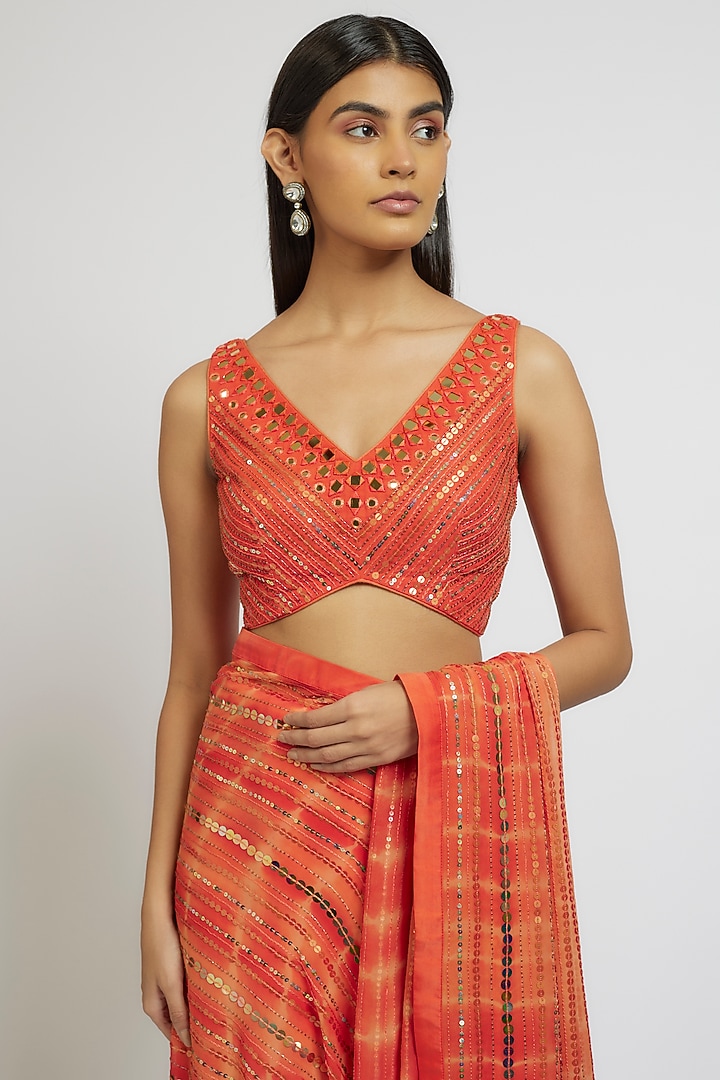 Orange Georgette Sequins Hand Embroidered Tie-Dye Wedding Saree Set by Yoshita Couture at Pernia's Pop Up Shop
