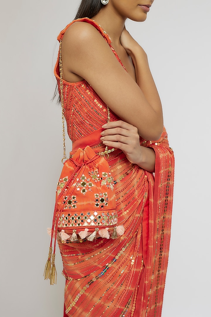 Orange Georgette Sequins Hand Embroidered Tie-Dye Wedding Saree Set by Yoshita Couture at Pernia's Pop Up Shop