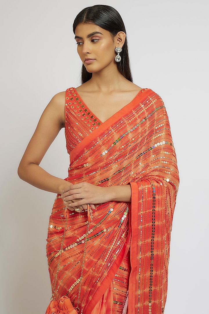 Orange Georgette Sequins Hand Embroidered Tie-Dye Wedding Saree Set by Yoshita Couture at Pernia's Pop Up Shop