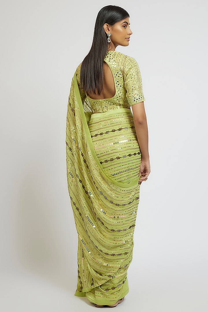Green Georgette Sequins Hand Embroidered Wedding Saree Set by Yoshita Couture at Pernia's Pop Up Shop