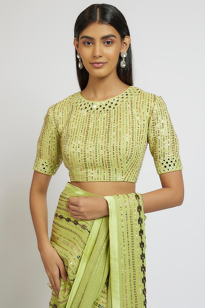 Green Georgette Sequins Hand Embroidered Wedding Saree Set by Yoshita Couture at Pernia's Pop Up Shop