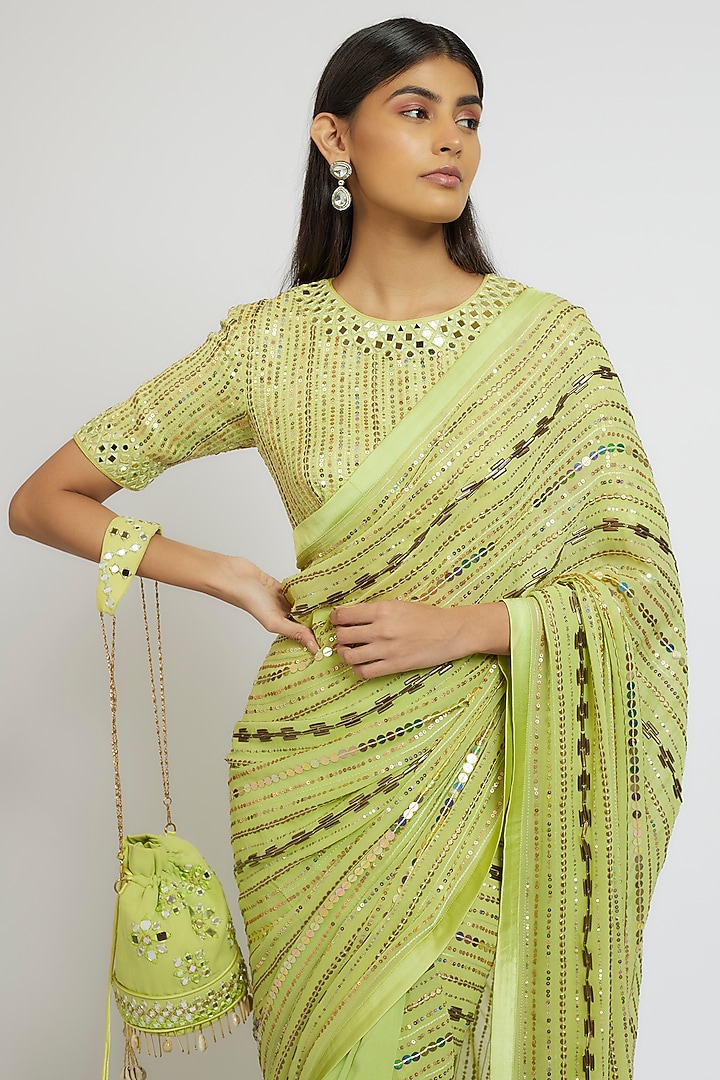 Green Georgette Sequins Hand Embroidered Wedding Saree Set by Yoshita Couture at Pernia's Pop Up Shop