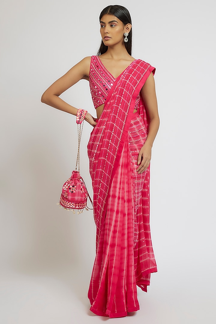 Hot Pink Georgette Sequins Hand Embroidered Tie-Dye Saree Set by Yoshita Couture at Pernia's Pop Up Shop