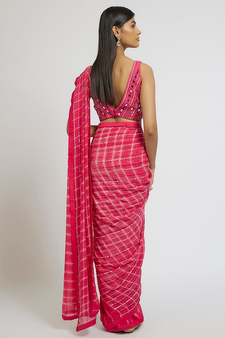 Hot Pink Georgette Sequins Hand Embroidered Tie-Dye Wedding Saree Set by Yoshita Couture at Pernia's Pop Up Shop