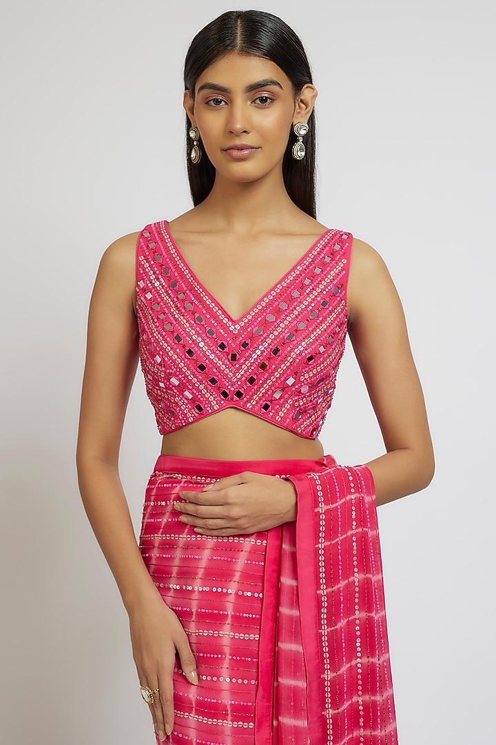 Hot Pink Georgette Sequins Hand Embroidered Tie-Dye Wedding Saree Set by Yoshita Couture at Pernia's Pop Up Shop