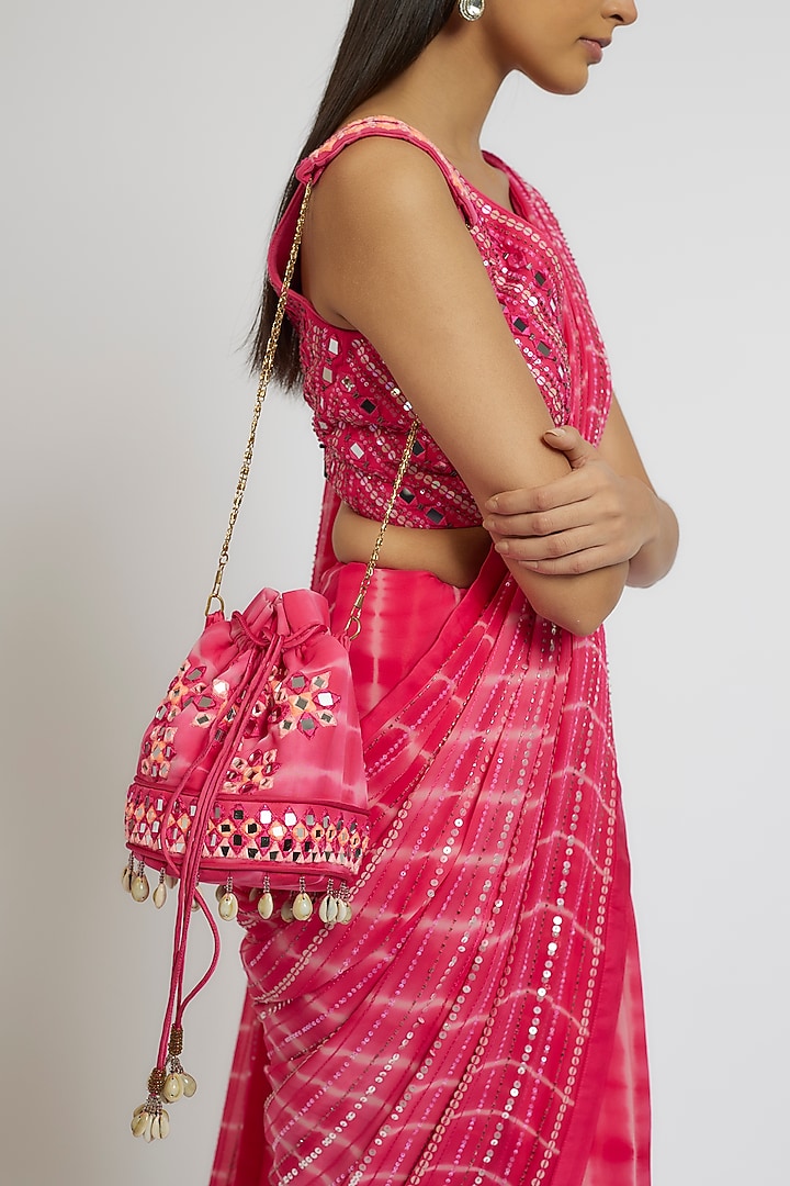 Hot Pink Georgette Sequins Hand Embroidered Tie-Dye Wedding Saree Set by Yoshita Couture at Pernia's Pop Up Shop