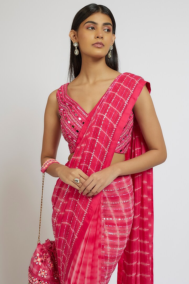 Hot Pink Georgette Sequins Hand Embroidered Tie-Dye Wedding Saree Set by Yoshita Couture at Pernia's Pop Up Shop