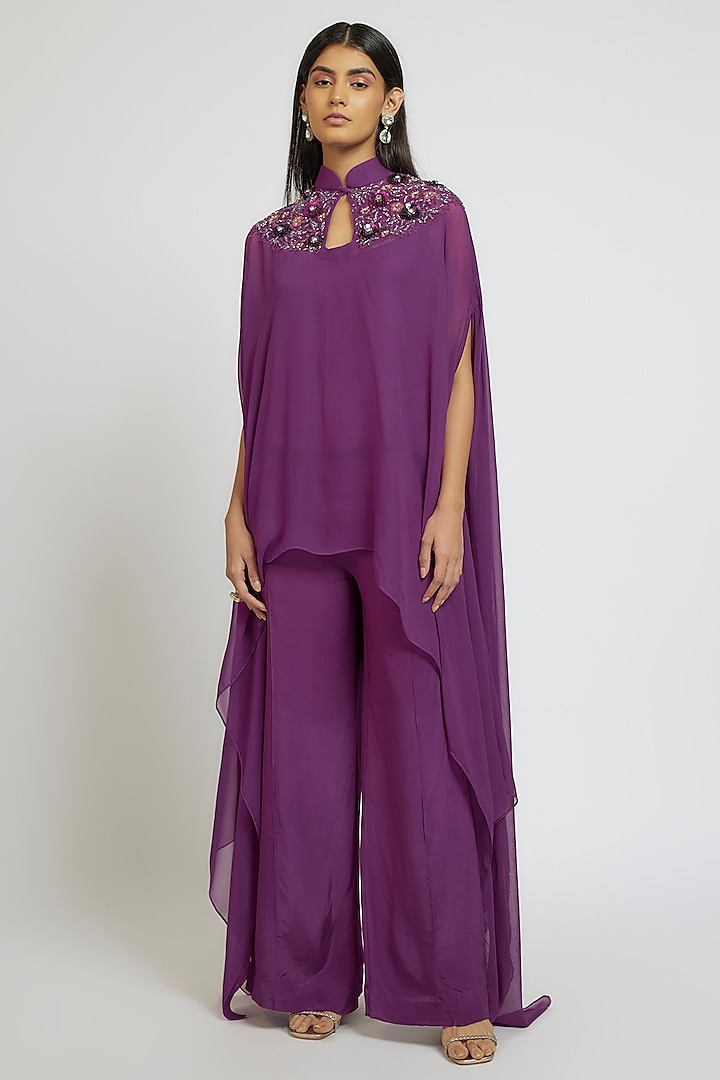 Purple Georgette Cutdana Embroidered Kaftan Set by Yoshita Couture at Pernia's Pop Up Shop