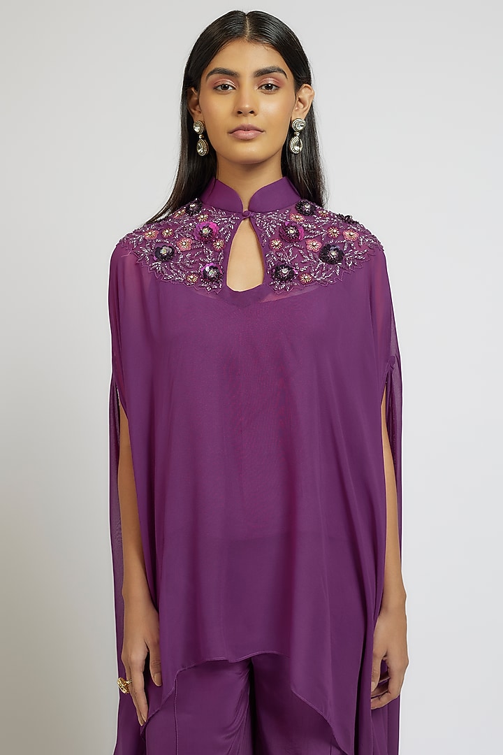 Purple Georgette Cutdana Embroidered Kaftan Set by Yoshita Couture at Pernia's Pop Up Shop
