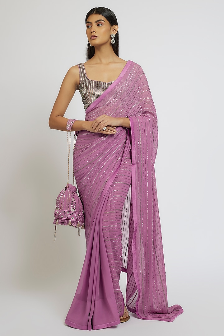 Lavender Georgette Sequins Hand Embroidered Saree Set by Yoshita Couture at Pernia's Pop Up Shop