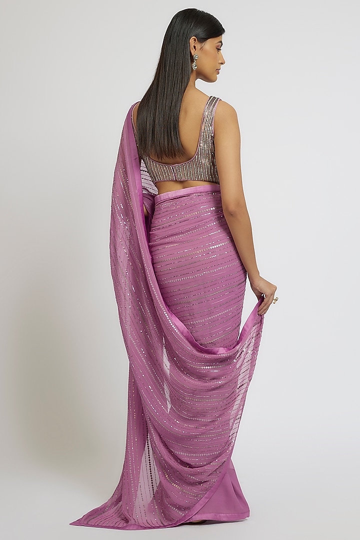Lavender Georgette Sequins Hand Embroidered Wedding Saree Set by Yoshita Couture at Pernia's Pop Up Shop