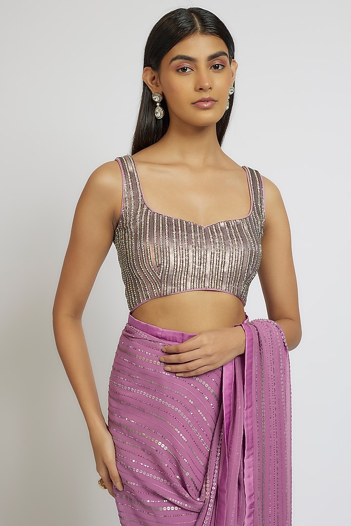 Lavender Georgette Sequins Hand Embroidered Wedding Saree Set by Yoshita Couture at Pernia's Pop Up Shop