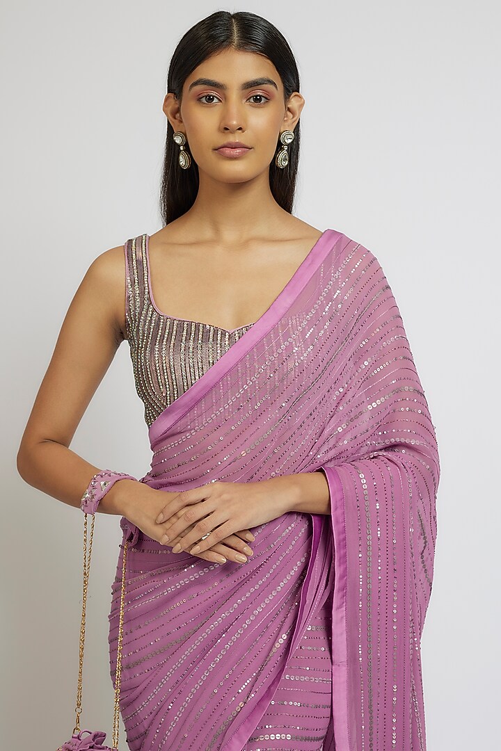 Lavender Georgette Sequins Hand Embroidered Wedding Saree Set by Yoshita Couture at Pernia's Pop Up Shop