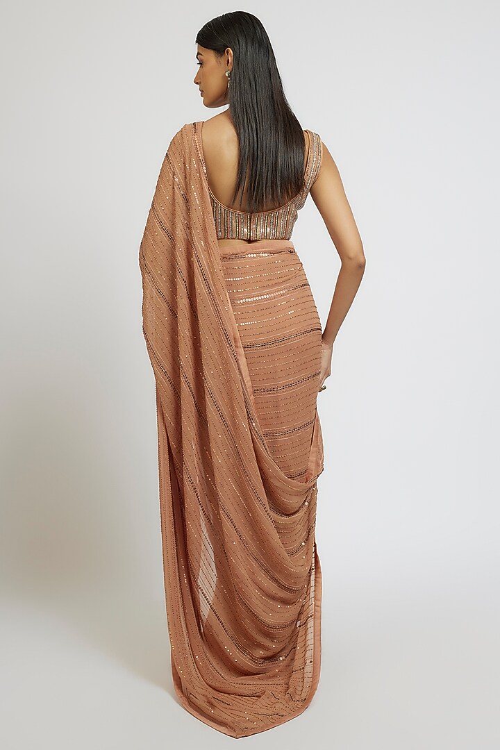 Nude Brown Georgette Sequins Hand Embroidered Wedding Saree Set by Yoshita Couture at Pernia's Pop Up Shop