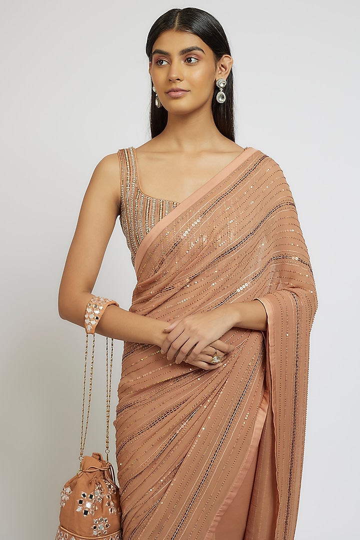 Nude Brown Georgette Sequins Hand Embroidered Wedding Saree Set by Yoshita Couture at Pernia's Pop Up Shop