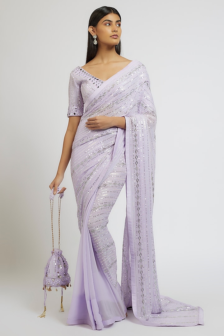 Lilac Georgette Sequins Hand Embroidered Saree Set by Yoshita Couture at Pernia's Pop Up Shop