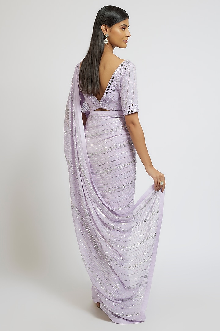 Lilac Georgette Sequins Hand Embroidered Wedding Saree Set by Yoshita Couture at Pernia's Pop Up Shop