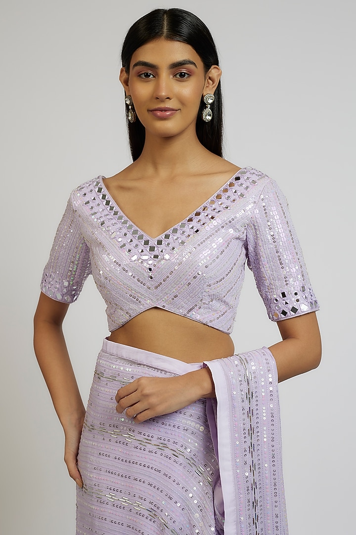 Lilac Georgette Sequins Hand Embroidered Wedding Saree Set by Yoshita Couture at Pernia's Pop Up Shop