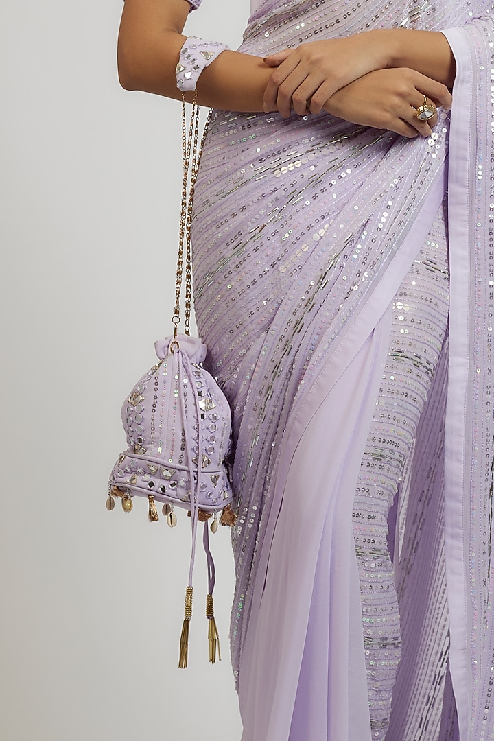 Lilac Georgette Sequins Hand Embroidered Wedding Saree Set by Yoshita Couture at Pernia's Pop Up Shop