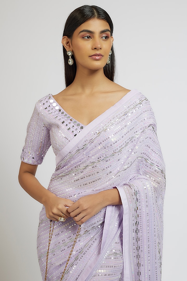 Lilac Georgette Sequins Hand Embroidered Wedding Saree Set by Yoshita Couture at Pernia's Pop Up Shop
