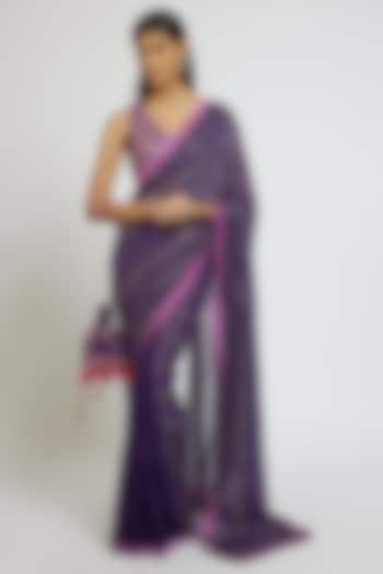 Purple Georgette Sequins Hand Embroidered Tie-Dye Saree Set by Yoshita Couture at Pernia's Pop Up Shop