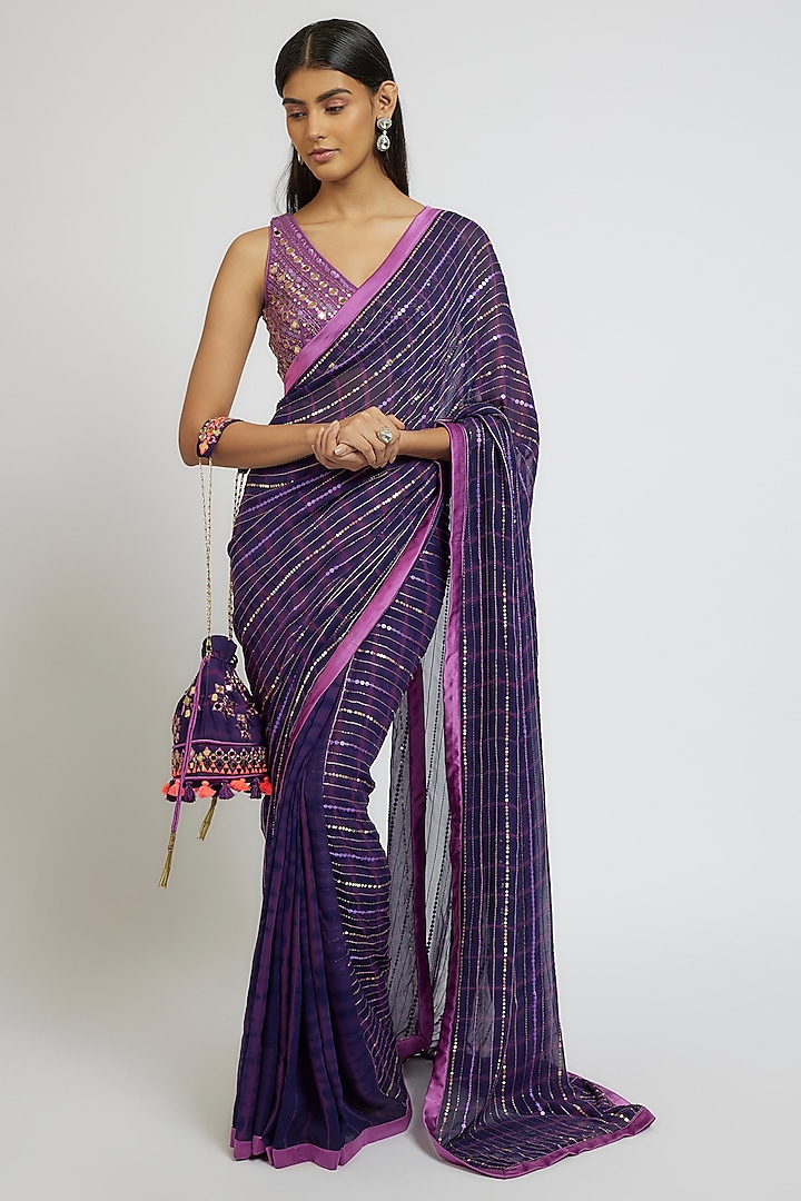 Purple Georgette Sequins Hand Embroidered Tie-Dye Saree Set by Yoshita Couture at Pernia's Pop Up Shop