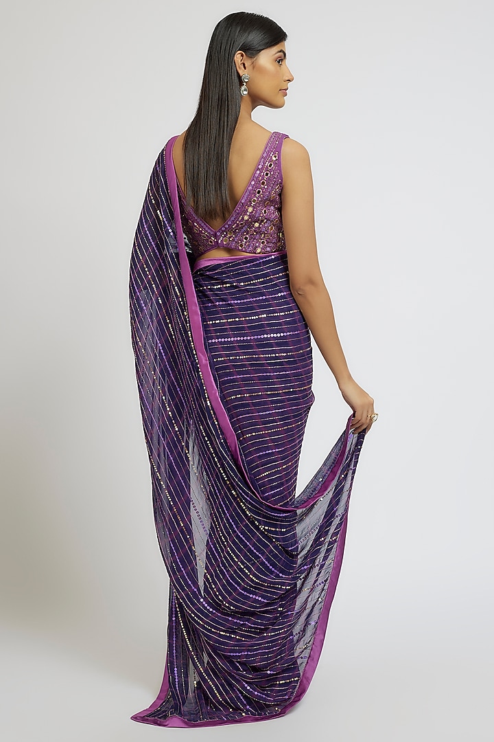 Purple Georgette Sequins Hand Embroidered Tie-Dye Wedding Saree Set by Yoshita Couture at Pernia's Pop Up Shop
