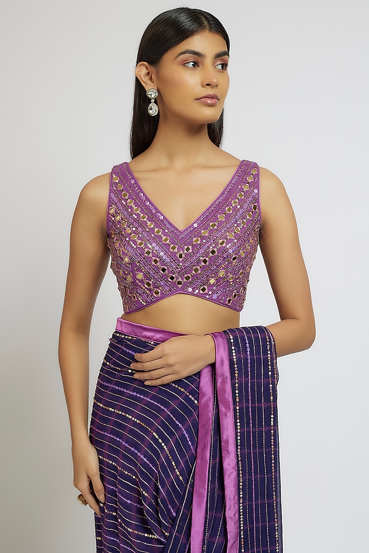 Purple Georgette Sequins Hand Embroidered Tie-Dye Wedding Saree Set by Yoshita Couture at Pernia's Pop Up Shop