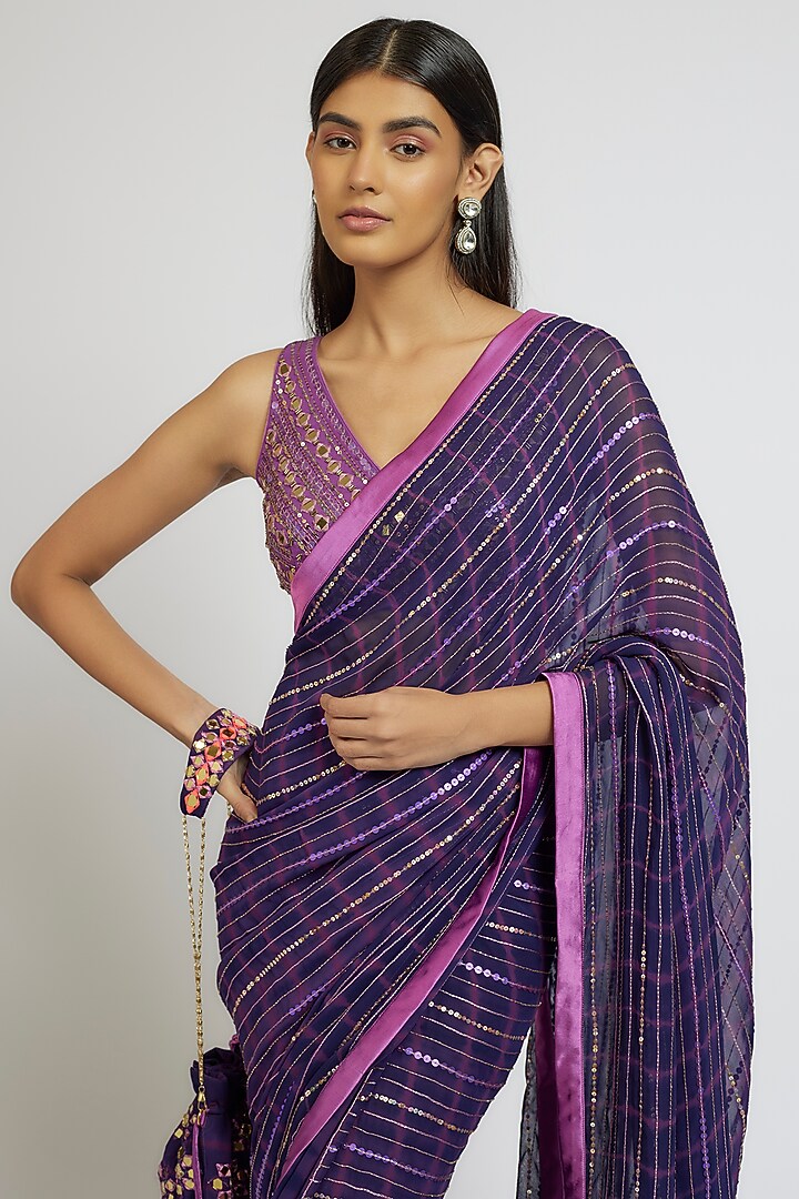Purple Georgette Sequins Hand Embroidered Tie-Dye Wedding Saree Set by Yoshita Couture at Pernia's Pop Up Shop