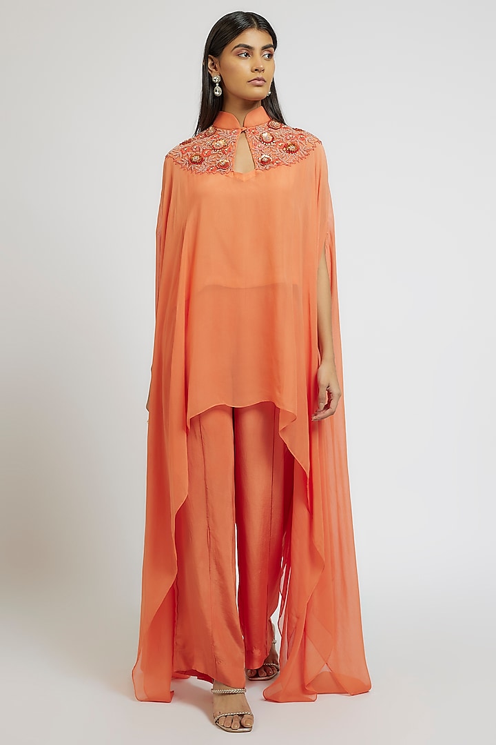 Orange Georgette Cutdana Embroidered Kaftan Set by Yoshita Couture