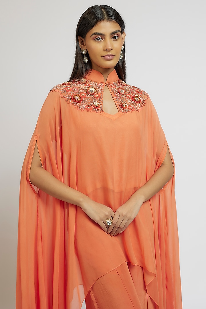 Orange Georgette Cutdana Embroidered Kaftan Set by Yoshita Couture at Pernia's Pop Up Shop