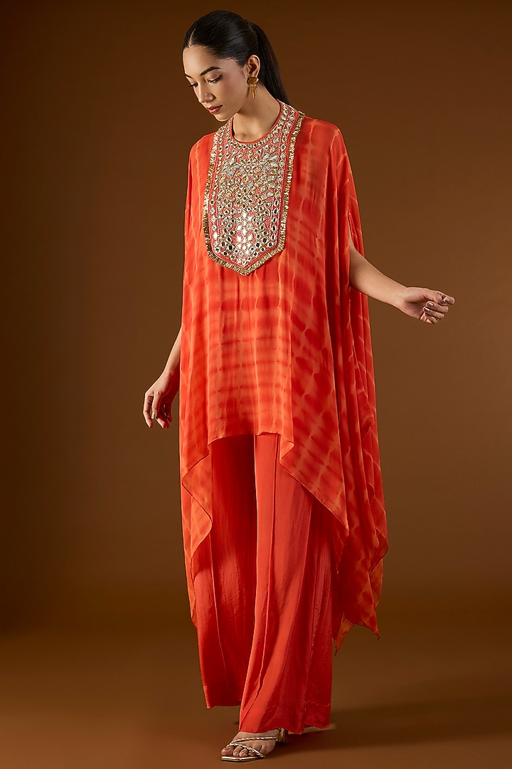 Orange Georgette Hand Embroidered Tie-Dyed Kaftan Set by Yoshita Couture at Pernia's Pop Up Shop