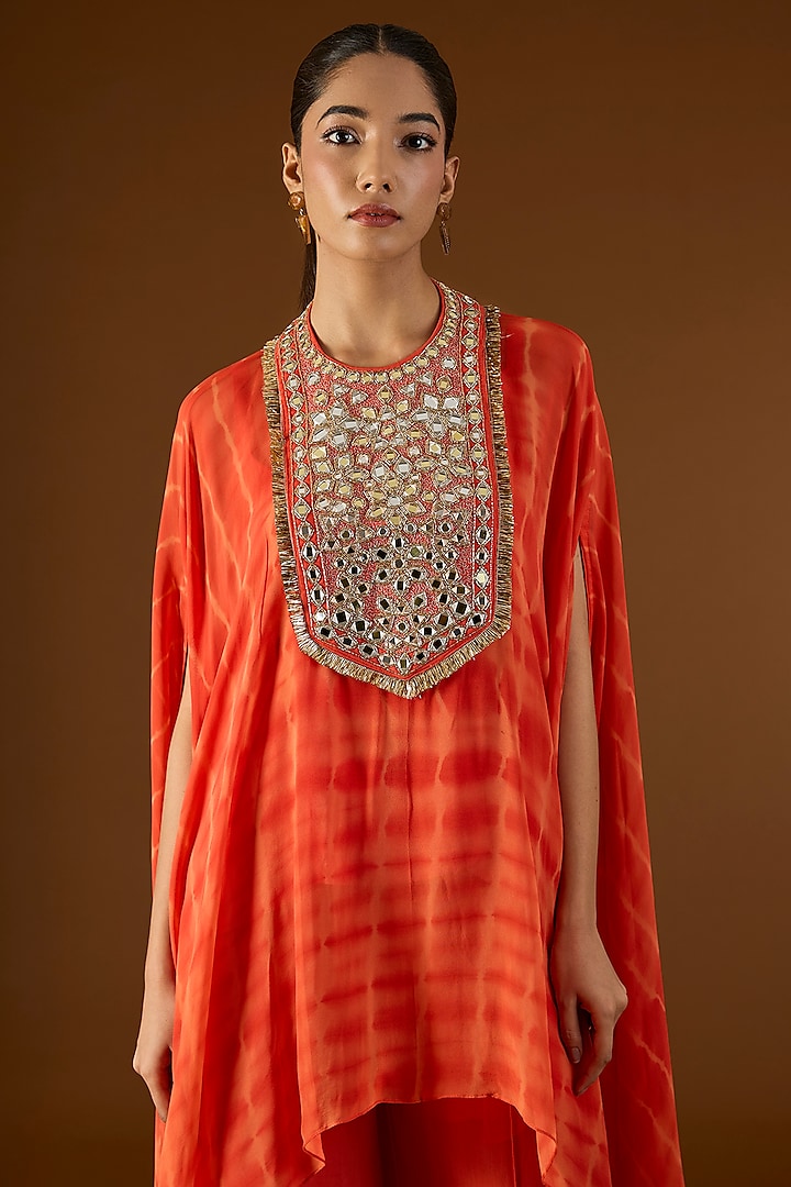 Orange Georgette Hand Embroidered Tie-Dyed Kaftan Set by Yoshita Couture at Pernia's Pop Up Shop