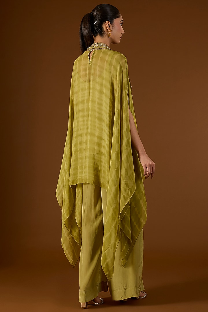 Olive Green Georgette Hand Embroidered Tie-Dyed Kaftan Set by Yoshita Couture at Pernia's Pop Up Shop