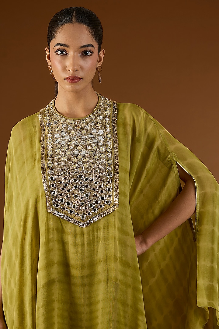 Olive Green Georgette Hand Embroidered Tie-Dyed Kaftan Set by Yoshita Couture at Pernia's Pop Up Shop