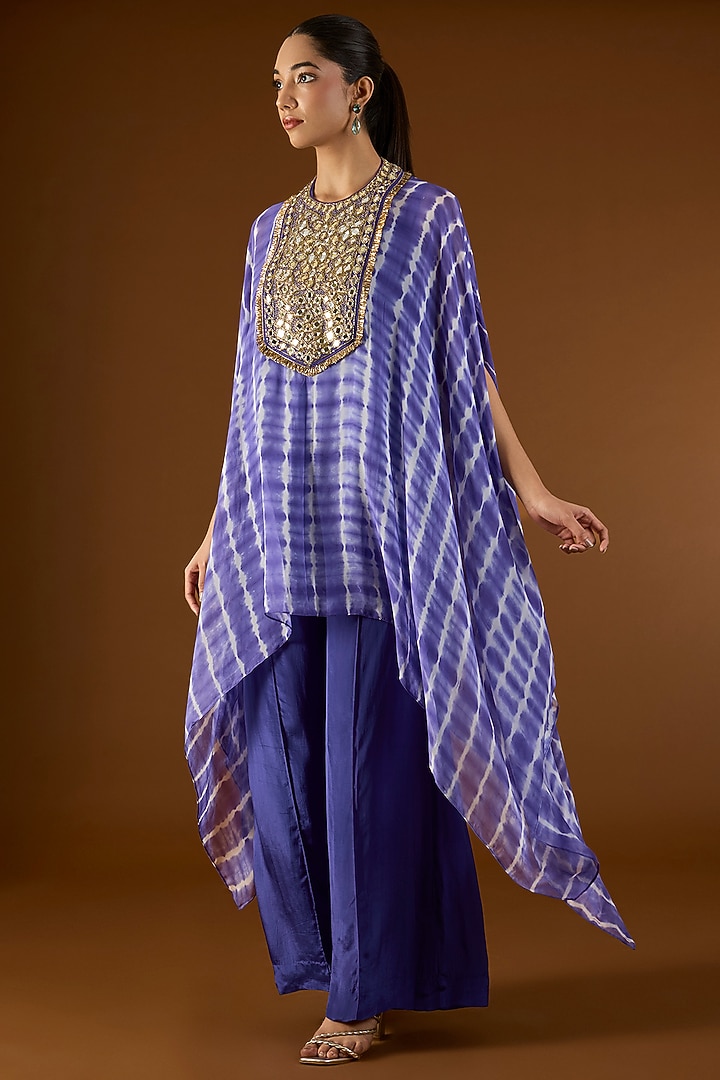 Ink Blue Georgette Hand Embroidered Tie-Dyed Kaftan Set by Yoshita Couture at Pernia's Pop Up Shop