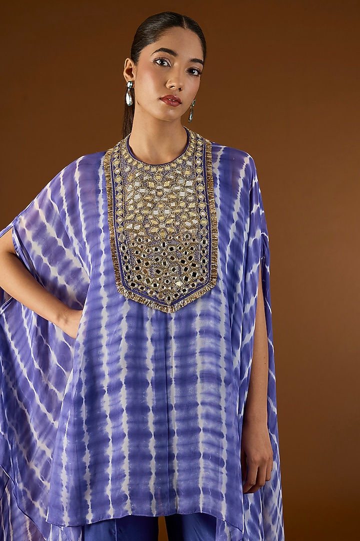 Ink Blue Georgette Hand Embroidered Tie-Dyed Kaftan Set by Yoshita Couture at Pernia's Pop Up Shop