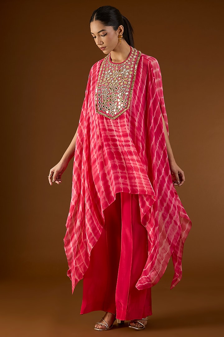 Hot Pink Georgette Hand Embroidered Tie-Dyed Kaftan Set by Yoshita Couture at Pernia's Pop Up Shop