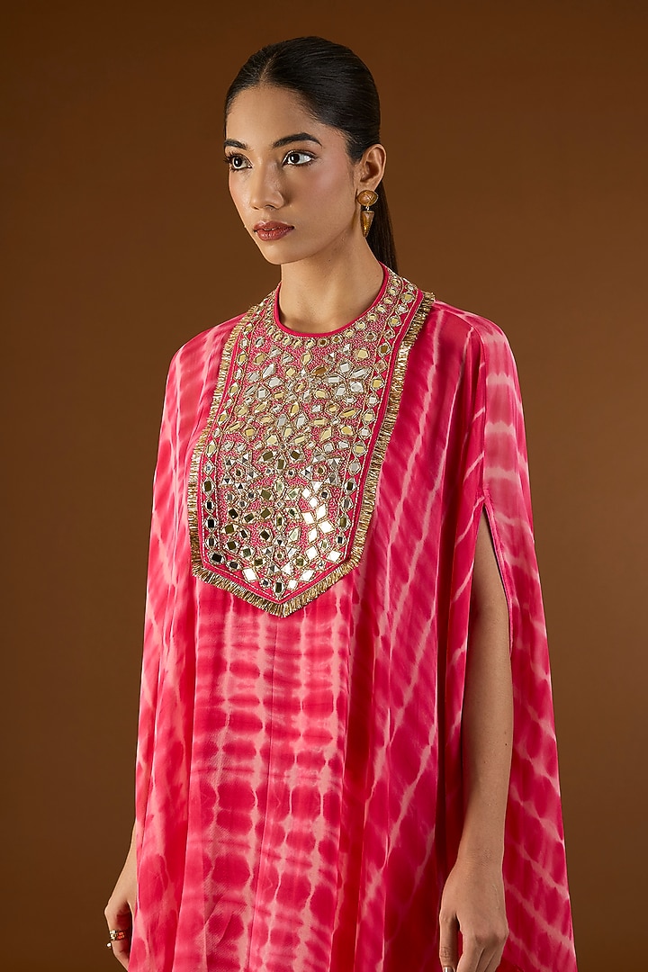 Hot Pink Georgette Hand Embroidered Tie-Dyed Kaftan Set by Yoshita Couture at Pernia's Pop Up Shop