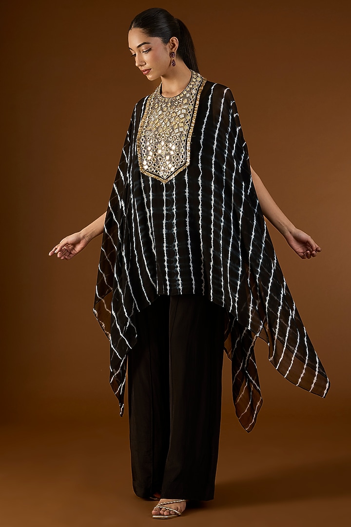 Black Georgette Hand Embroidered Tie-Dyed Kaftan Set by Yoshita Couture at Pernia's Pop Up Shop