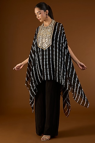 Black Georgette Hand Embroidered Tie-Dyed Kaftan Set by Yoshita Couture