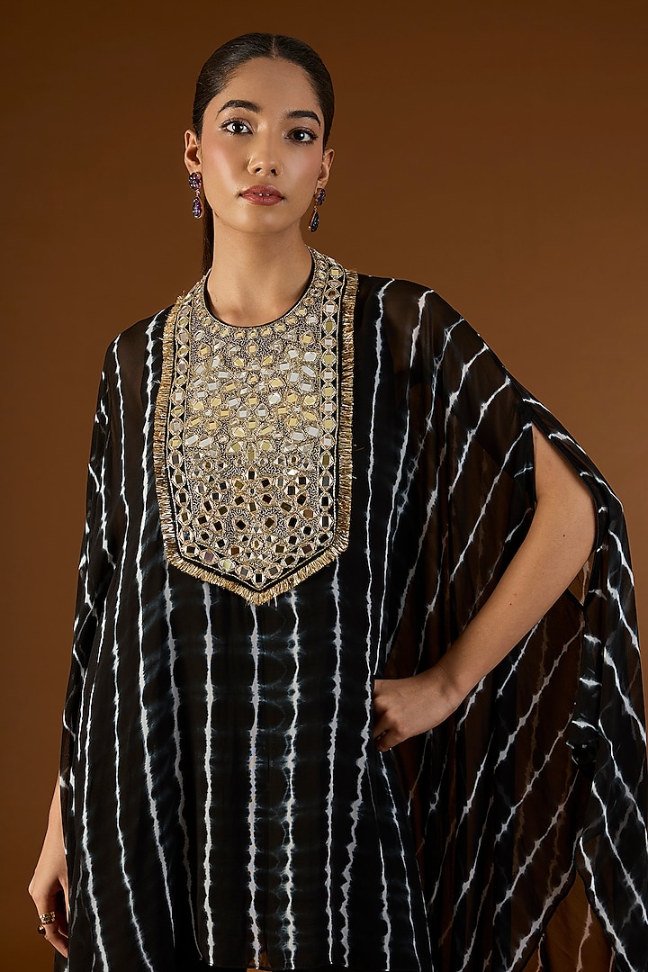 Black Georgette Hand Embroidered Tie-Dyed Kaftan Set by Yoshita Couture at Pernia's Pop Up Shop