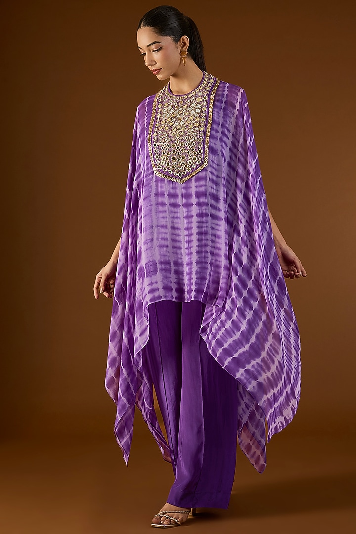Purple Georgette Hand Embroidered Tie-Dyed Kaftan Set by Yoshita Couture at Pernia's Pop Up Shop