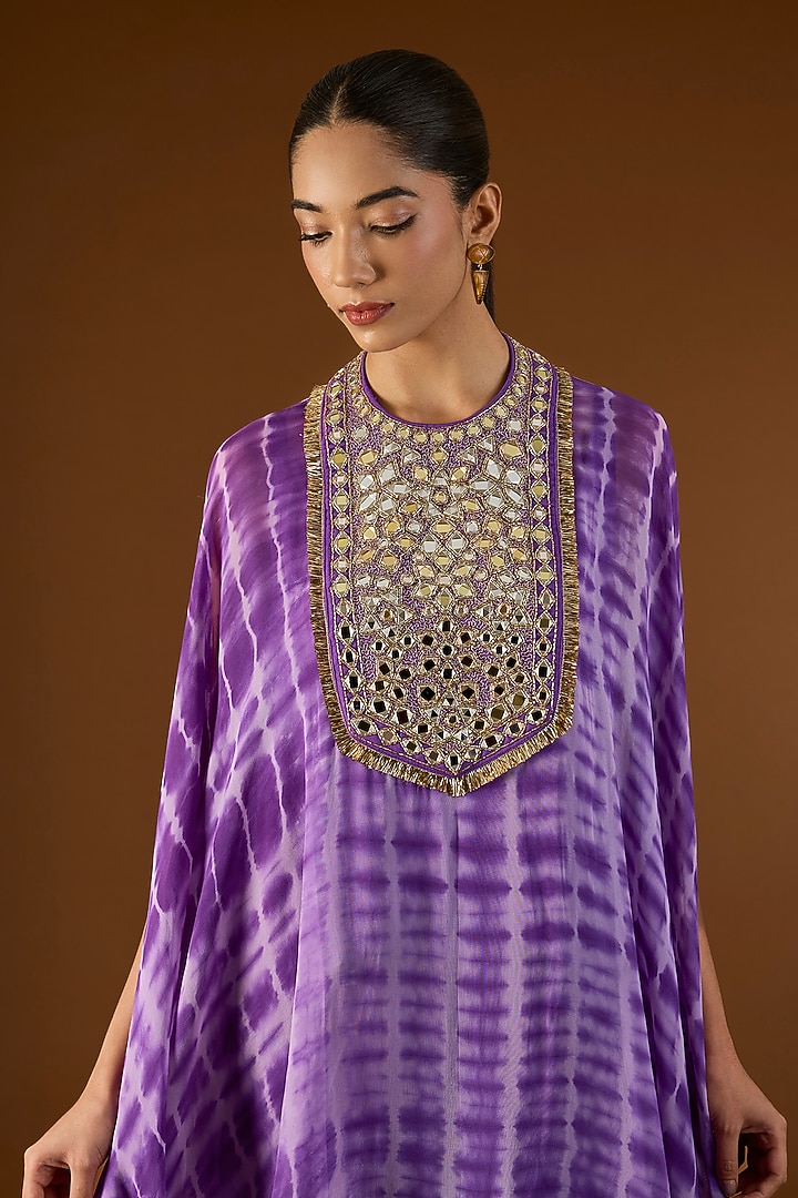 Purple Georgette Hand Embroidered Tie-Dyed Kaftan Set by Yoshita Couture at Pernia's Pop Up Shop